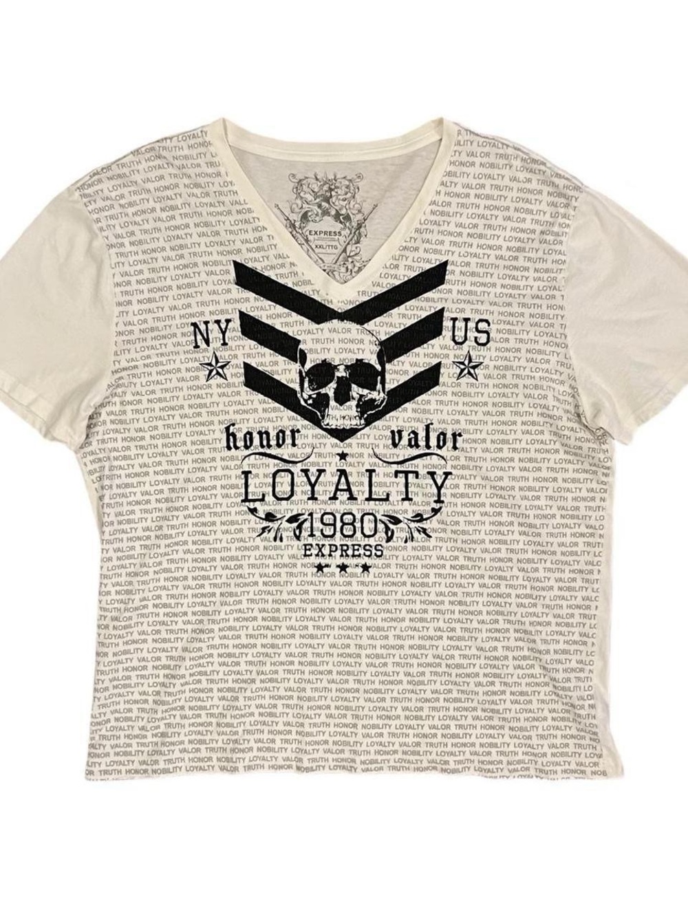 Express White Tee with Black Skull 'Loyalty' Graphic